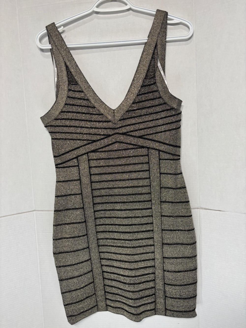 Guess Women’s Metallic Gold & Black Striped V-Neck Bodycon Mini Party Dress
